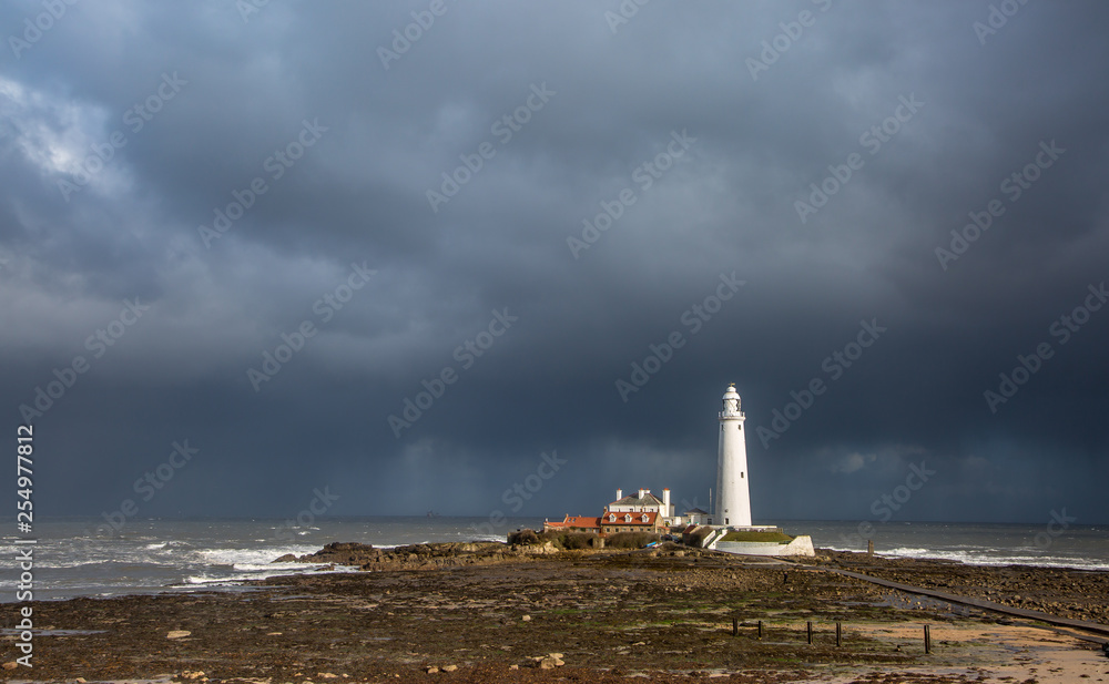 St Mary's Lighthouse as a storm draws nearer