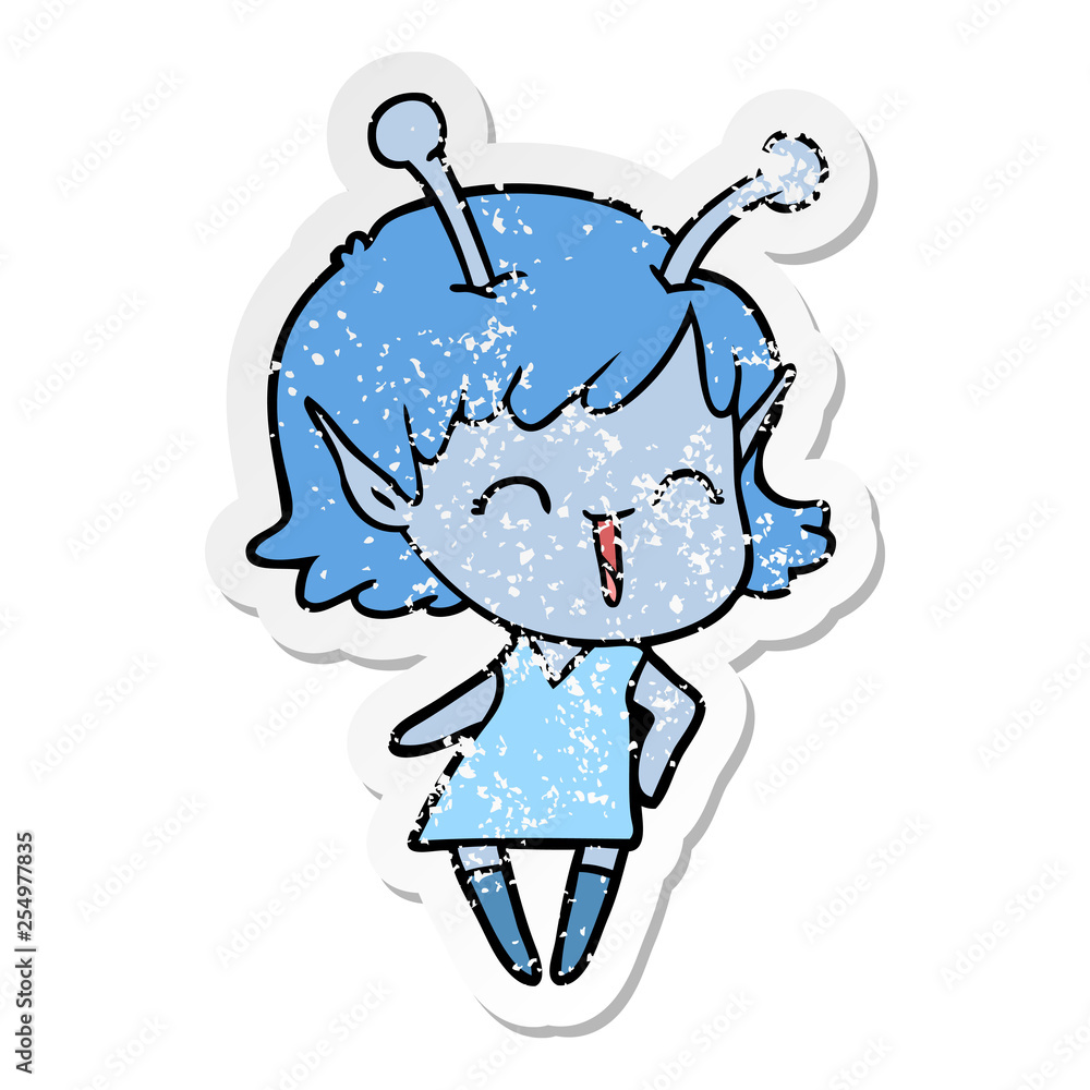 distressed sticker of a cartoon alien girl laughing distressed sticker of a cartoon alien girl laughing