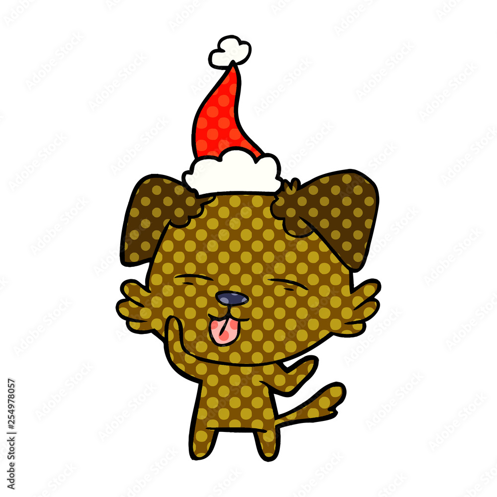 Fototapeta premium comic book style illustration of a dog sticking out tongue wearing santa hat