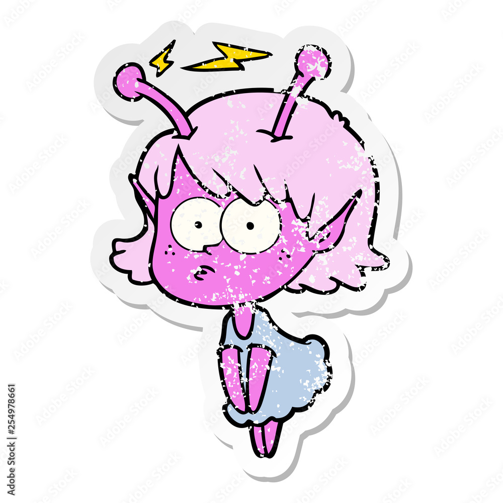 distressed sticker of a cartoon alien girl distressed sticker of a cartoon alien girl