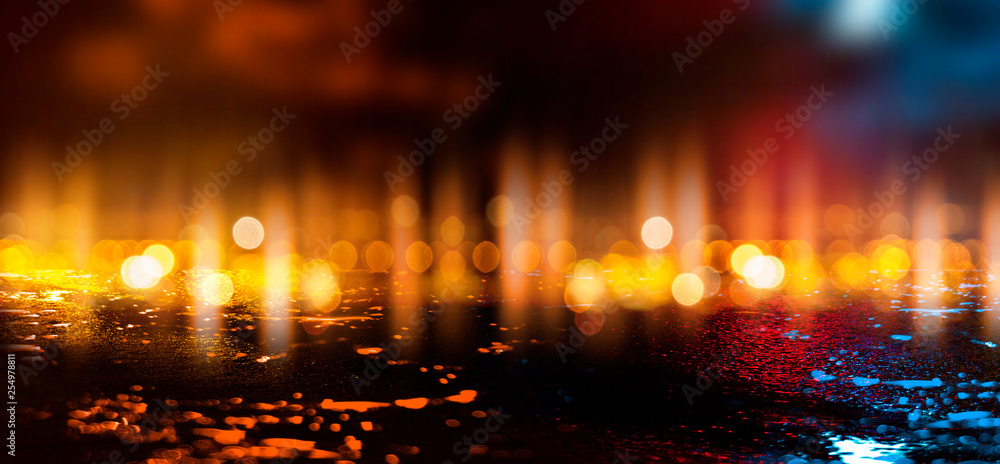 Wet asphalt, reflection of neon lights, a searchlight, smoke. Abstract street with smoke, smog. Night background, night city Abstract bokeh light, night bokeh. - obrazy, fototapety, plakaty 