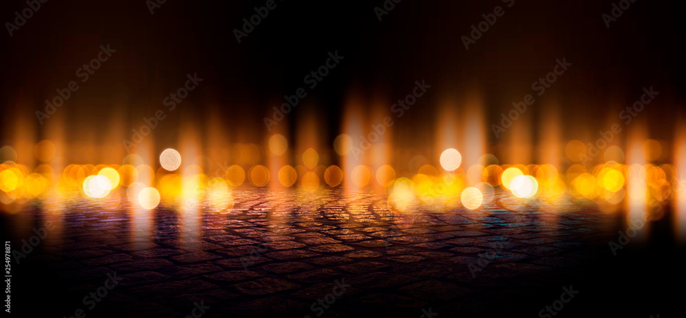 Wet asphalt, reflection of neon lights, a searchlight, smoke. Abstract street with smoke, smog. Night background, night city Abstract bokeh light, night bokeh. Wet asphalt, reflection of neon lights, a searchlight, smoke. Abstract street with smoke, smog. Night background, night city Abstract bokeh light, night bokeh.