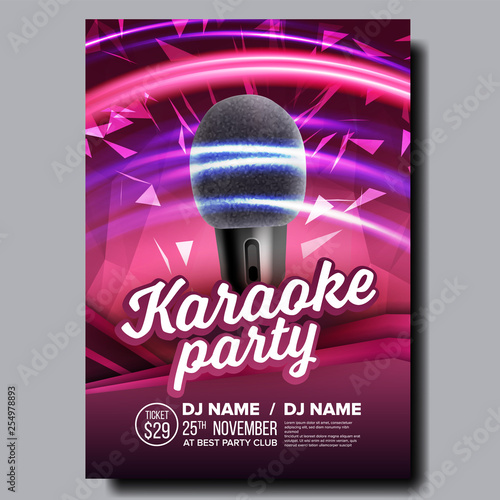 Karaoke Poster Vector. Party Flyer. Karaoke Music Night. Radio Microphone. Abstract Template. Rock Fun. Vocal Sign. Old Bar. Star Show. Modern Sound. Realistic Illustration