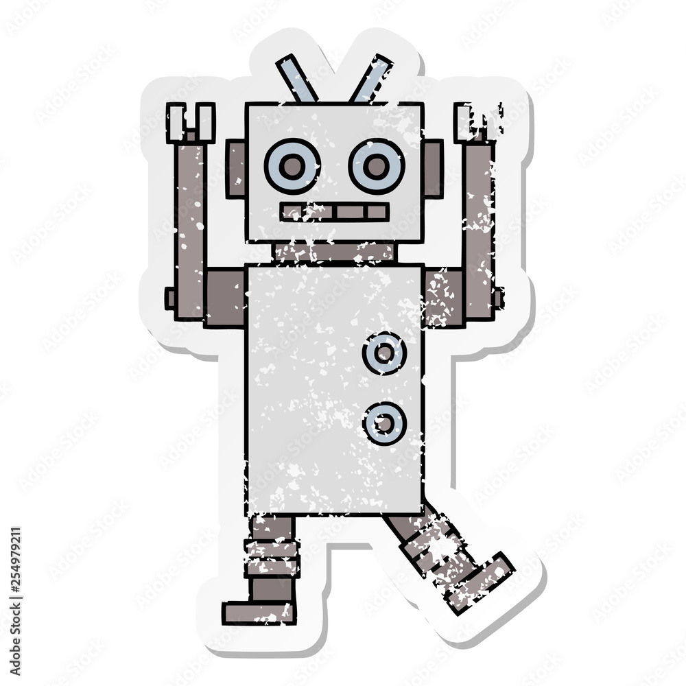 distressed sticker of a cute cartoon dancing robot distressed sticker of a cute cartoon dancing robot