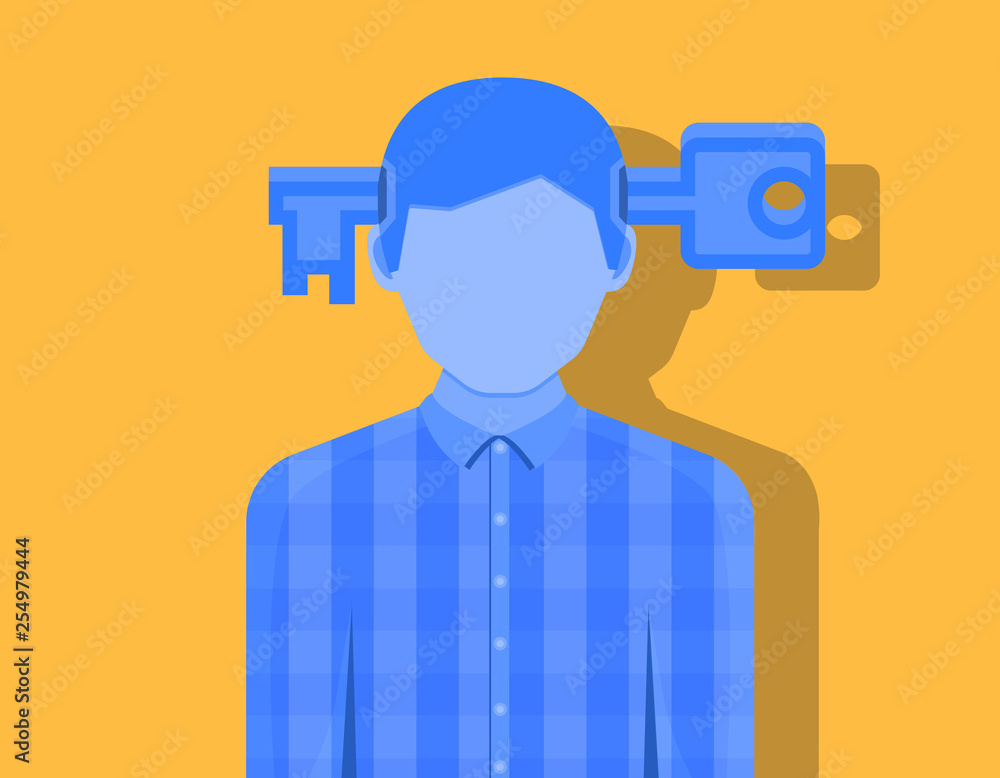 A man with a lock in his head, the shadow falls on an orange background, the psychology of consciousness vector illustration