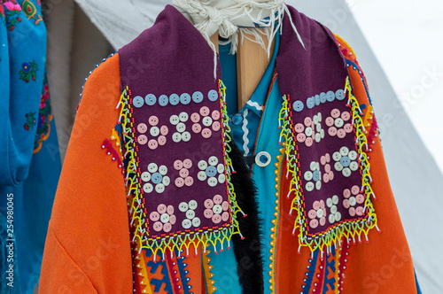 Festive national women's clothing of local Khanty aborigines, Surgut, Russia - March 11, 2019