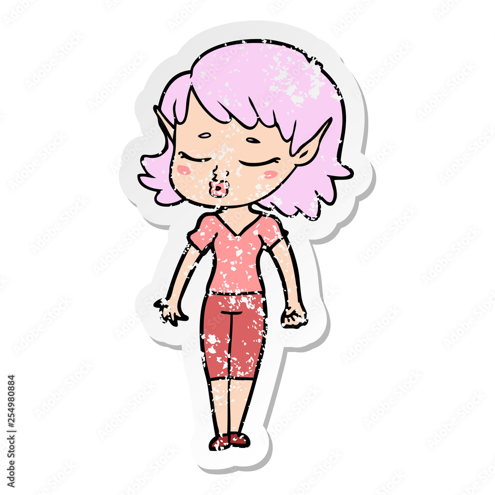 distressed sticker of a pretty cartoon elf girl distressed sticker of a pretty cartoon elf girl