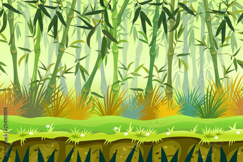 Cartoon seamless background bamboo forest. Template landscape with leaves for computer games. Vector illustration. 