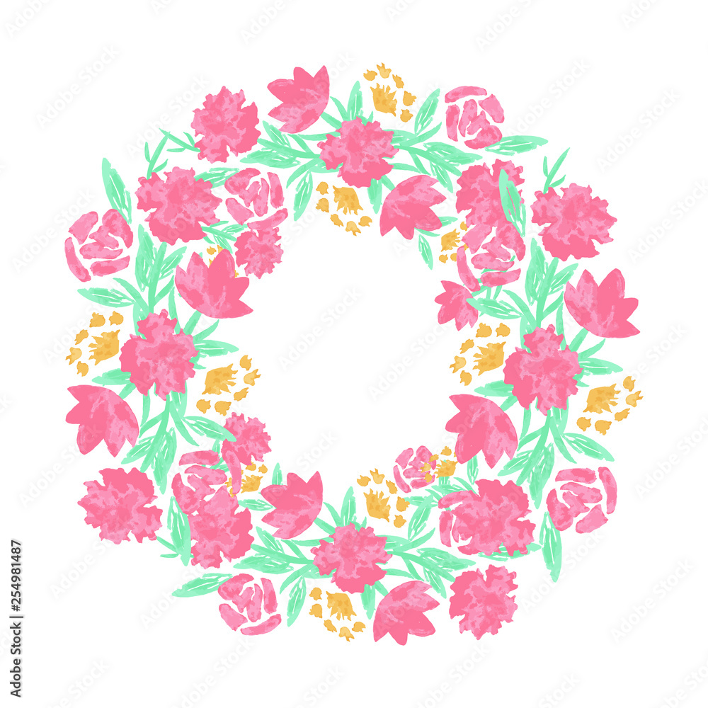 Floral wreath with red pink blooming flowers and leaves isolated on white background. Pretty garland. Design template for invitation, wedding or greeting cards. Vector
