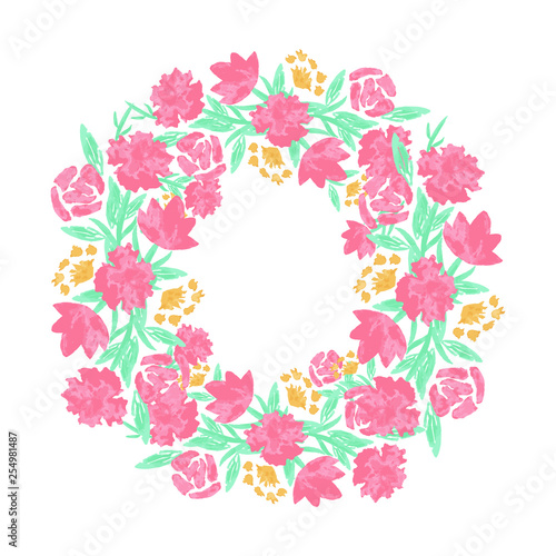 Floral wreath with red pink blooming flowers and leaves isolated on white background. Pretty garland. Design template for invitation, wedding or greeting cards. Vector