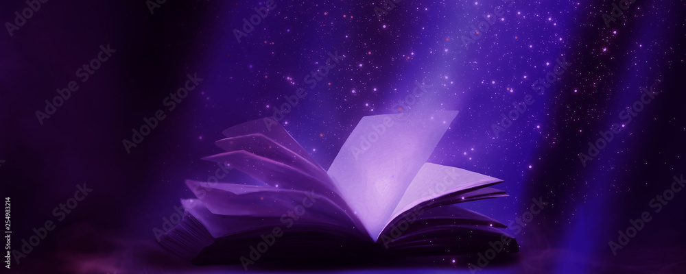 An open book with a magical fantasy. Night view illustration with a book. The magical power of reading and words, knowledge. Abstract background with a book. - obrazy, fototapety, plakaty 