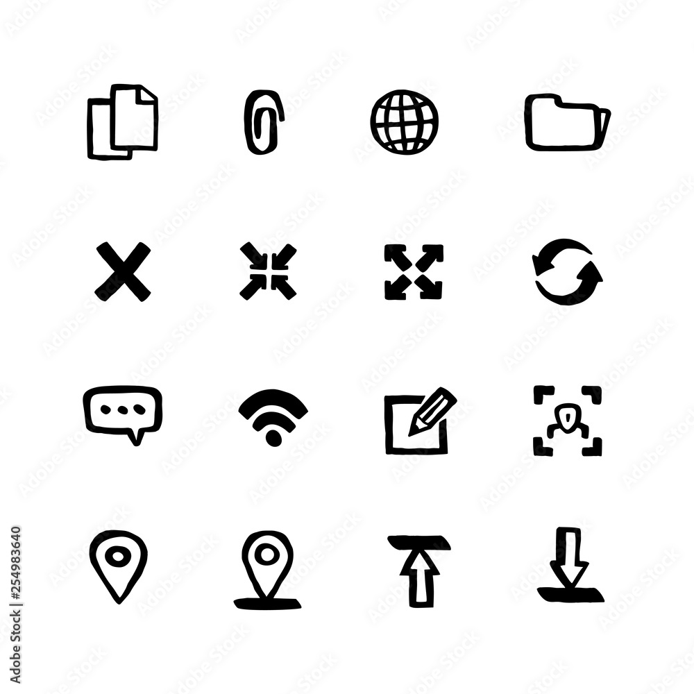 Fototapeta premium Naive style Web icon set. Web and mobile UI Doodle ink style Set of icons. Vector hand drawn naive style line icons