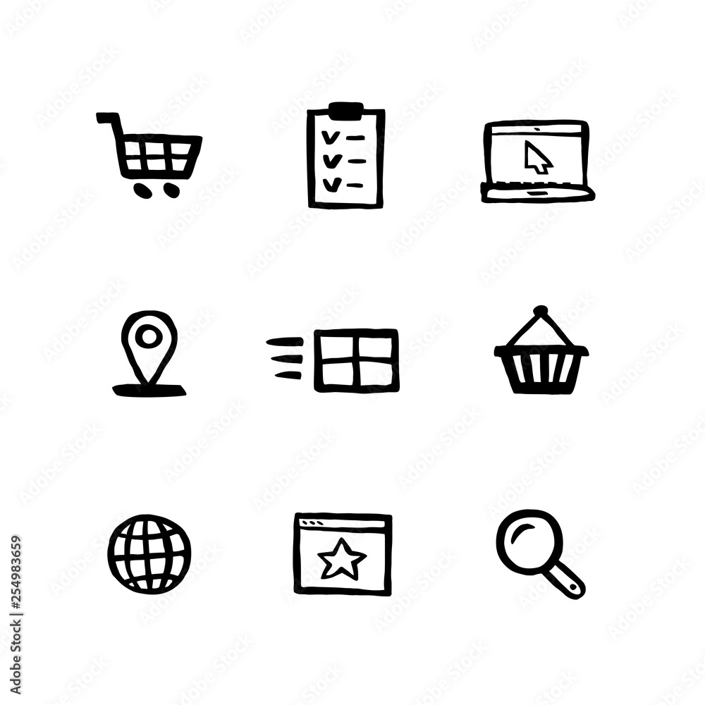 Naive style shopping icon set. E-commerce, online shopping and delivery  Doodle ink style Set of icons. Vector hand drawn naive style line icons  Stock Vector | Adobe Stock