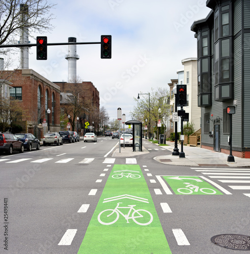 Protected Bike Lane and Intersection Markings On City Street photo