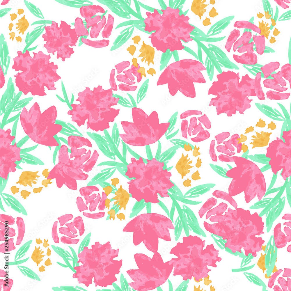 Abstract floral seamless pattern with red-pink hand drawn flowers from simple shapes and leaves on white background. Vintage botanical endless texture. Vector illustration. Textile design