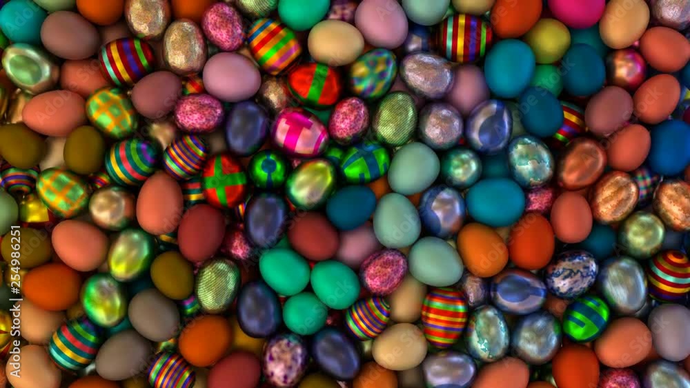 Animated bottom view and flying over pile of a lot of Easter and colorful eggs lying in large container or as if moving on conveyor belt. Animated bottom view and flying over pile of a lot of Easter and colorful eggs lying in large container or as if moving on conveyor belt.