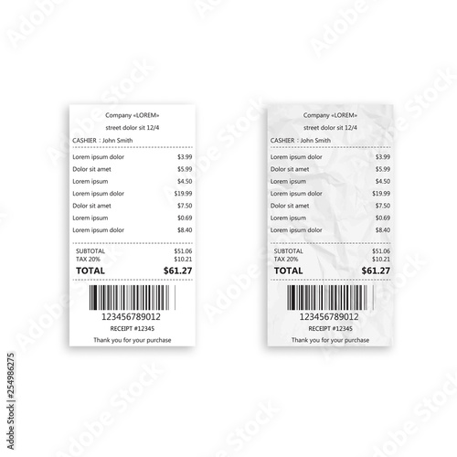 Realistic paper shop receipt with barcode. Payment paper bills for cash or credit card. Vector illustration. photo