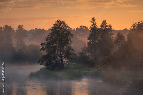 Sunrise over the Pilica river near Sulejow, Lodzkie, Poland