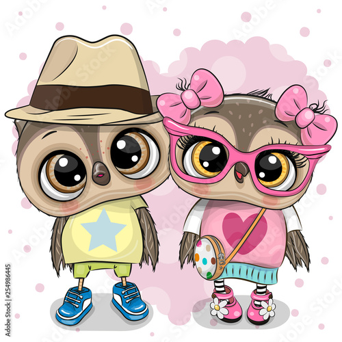 Two Cartoon Owls on a heart background