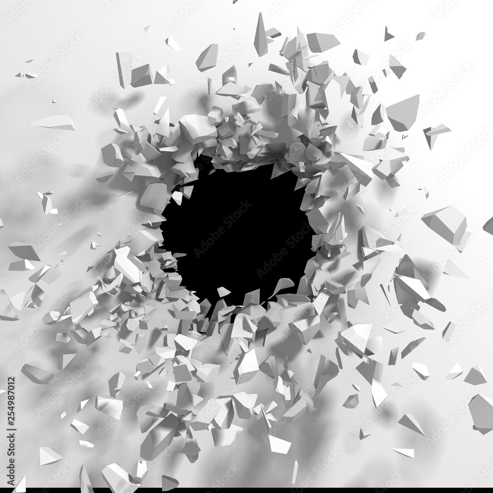 Fototapeta Ciemne zniszczenie pęknięta dziura w białej kamiennej ścianie