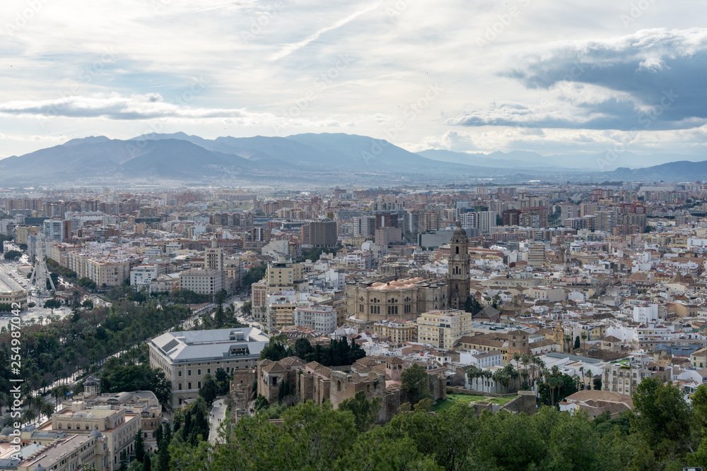 aerial view of malaga old city center and cathedral