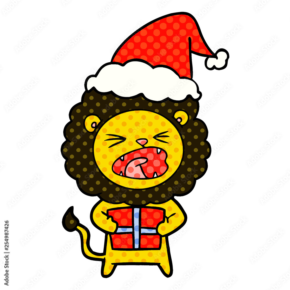 comic book style illustration of a lion with christmas present wearing santa hat comic book style illustration of a lion with christmas present wearing santa hat