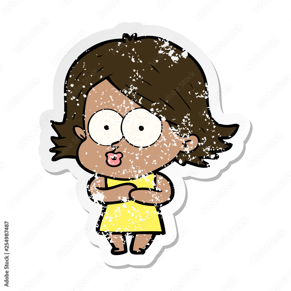 distressed sticker of a cartoon girl pouting distressed sticker of a cartoon girl pouting