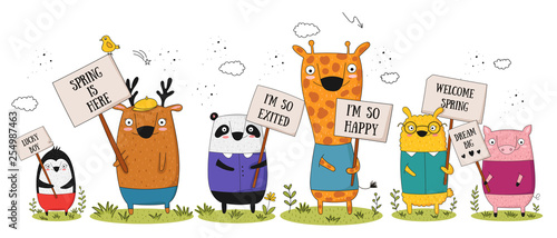 Vector poster with cartoon funny animals with a transparency with the spring slogan