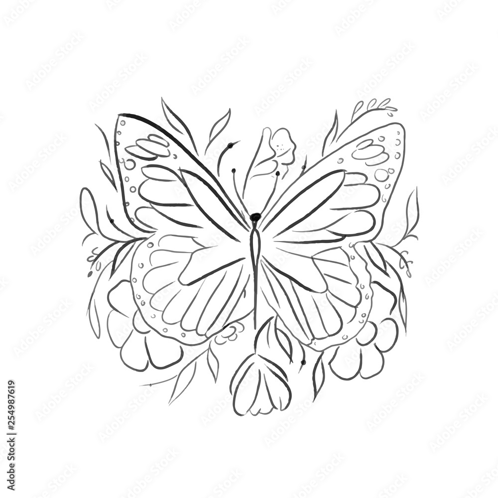 beautiful butterfly with flowers one line draw vector illustration