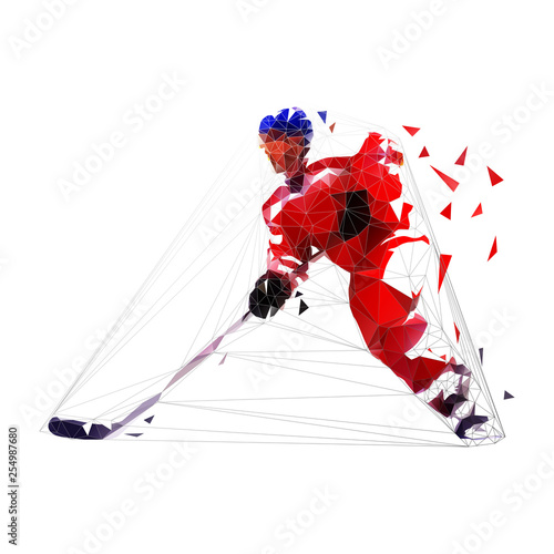 Hockey player, low polygonal ice hockey skater in red jersey with puck, isolated geometric vector illustration