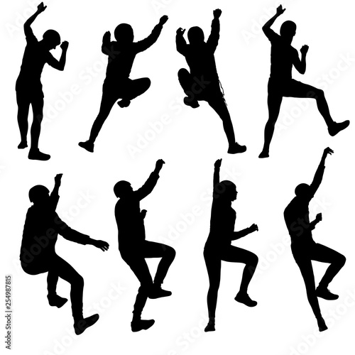 Black set silhouette rock climber on white background