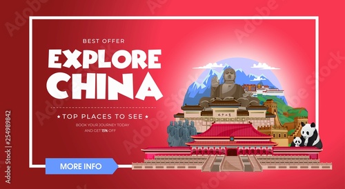 Explore China travel banner design. Asia travel design concept. Vector travel banner.