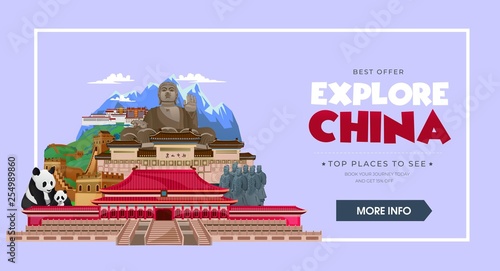 China travel concept. Beautiful China travel destinations. Explore Asia trip illustration. Vector travel design concept.