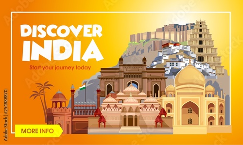 Fototapeta Naklejka Na Ścianę i Meble -  India travel banner. Trip to India design concept. India travel illustration. Travel promo banner. Vector India destinations.