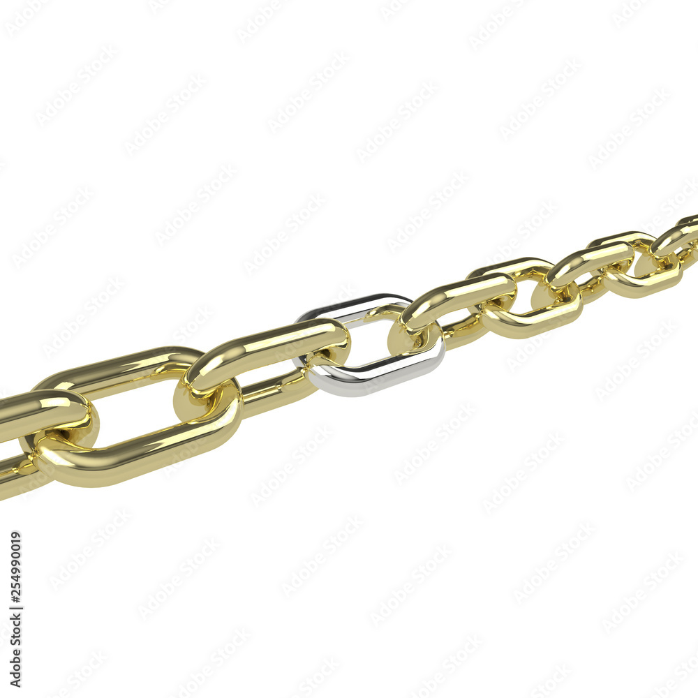 Gold chain with a silver link in the center of which is beginning to heat up the rest. Isolated on white background. 3d rendering. 3d illustration. Gold chain with a silver link in the center of which is beginning to heat up the rest. Isolated on white background. 3d rendering. 3d illustration.