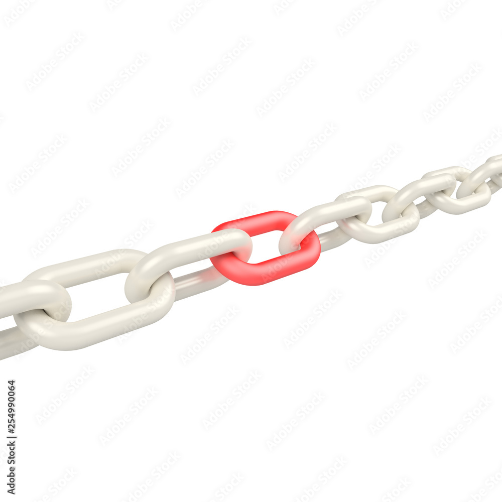 Fototapeta premium Silver chain with a red link in the center of which is beginning to heat up the rest. Isolated on white background. 3d rendering. 3d illustration.