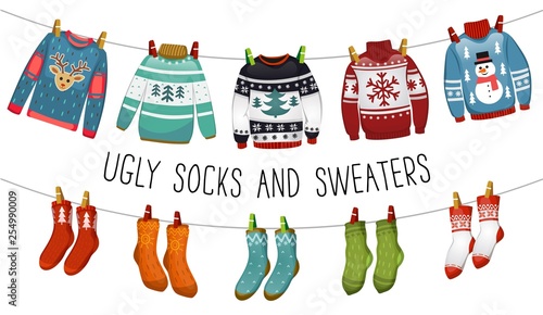 Ugly sweaters and socks collection. Christmas socks and sweaters for party, invitation, greeting card in cartoon style. Ugly sweater party elements. Vector Christmas decorations and clothing set. photo