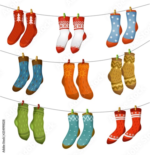 Ugly socks collection. Christmas socks for party, invitation, greeting card in cartoon style. Ugly sweater party elements. Vector Christmas decorations and clothing set.