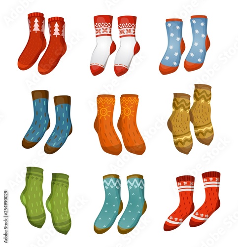 Ugly socks collection. Christmas socks for party, invitation, greeting card in cartoon style. Ugly sweater party elements. Vector Christmas decorations and clothing set.