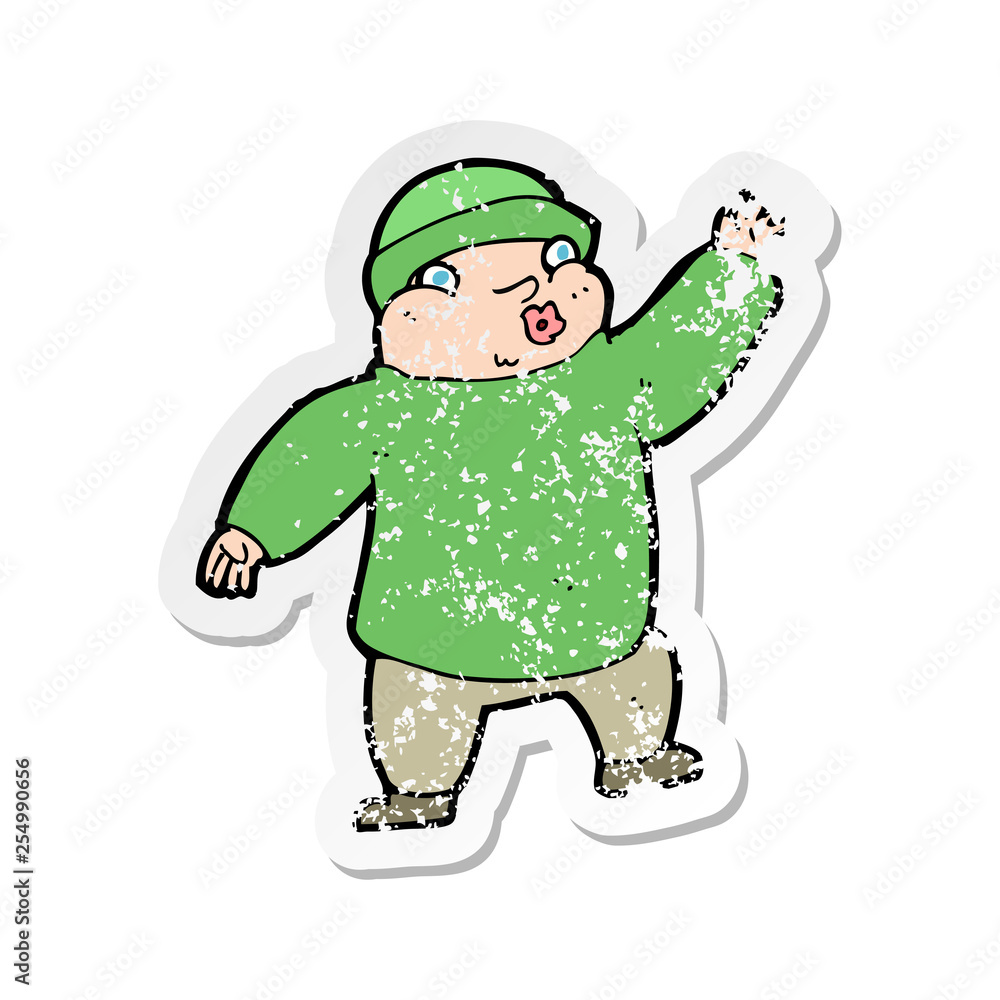retro distressed sticker of a cartoon man in hat waving retro distressed sticker of a cartoon man in hat waving