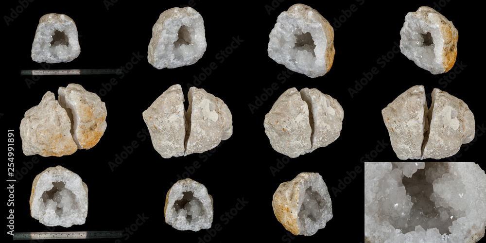 Macro mineral stone Quartz geode black background Macro mineral stone Quartz geode black background
