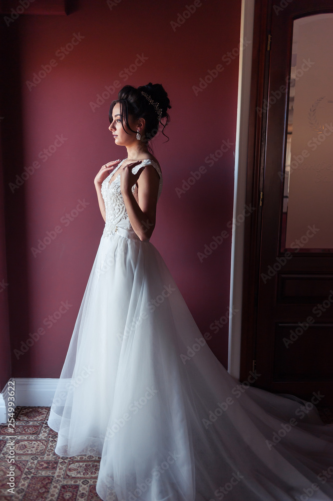 Portrait of a beautiful bride woman in elegant white wedding dress. Luxurious apartments. Portrait of a beautiful bride woman in elegant white wedding dress. Luxurious apartments.