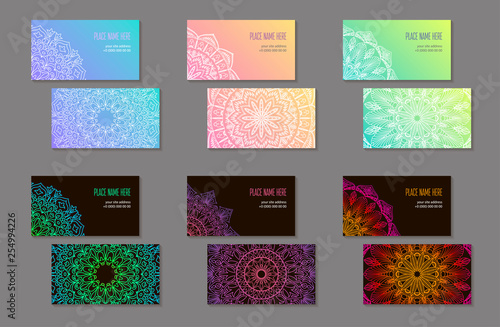 Set of business cards with abstract ethnic pattern. The element of corporate identity. Round Mandala. White, black and gradient. Vector illustration