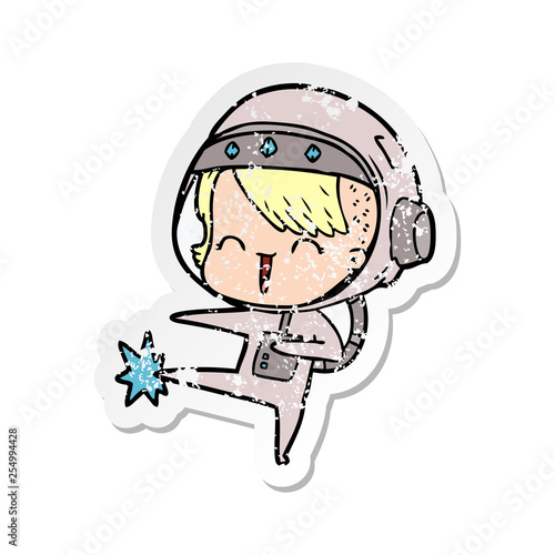 distressed sticker of a happy cartoon space girl kicking