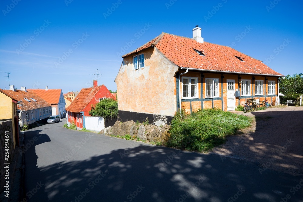 Traditional colorful half timbered houses in Svaneke, Bornholm, Denmark