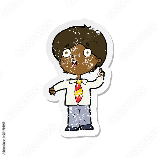 retro distressed sticker of a cartoon schoolboy answering question