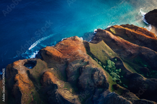 beautiful nature landscape in Kauai island Hawaii. View from helicopter,plane,top. Forest. Mountains. Ocean. View . Drone