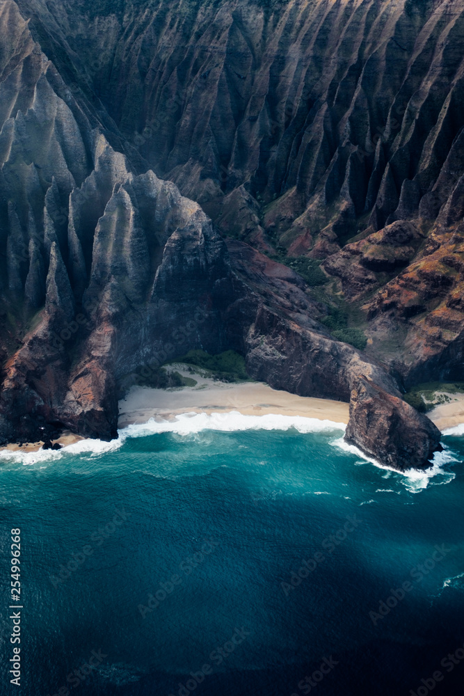 beautiful nature landscape in Kauai island Hawaii. View from helicopter,plane,top. Forest. Mountains. Ocean. View . Drone