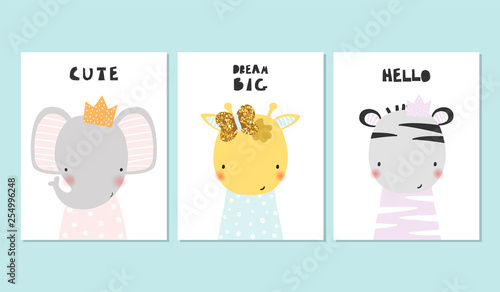 Kids cute cards with little animals princess. Vector hand drawn illustration.