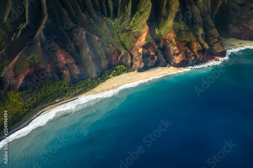 beautiful nature landscape in Kauai island Hawaii. View from helicopter,plane,top. Forest. Mountains. Ocean. View . Drone